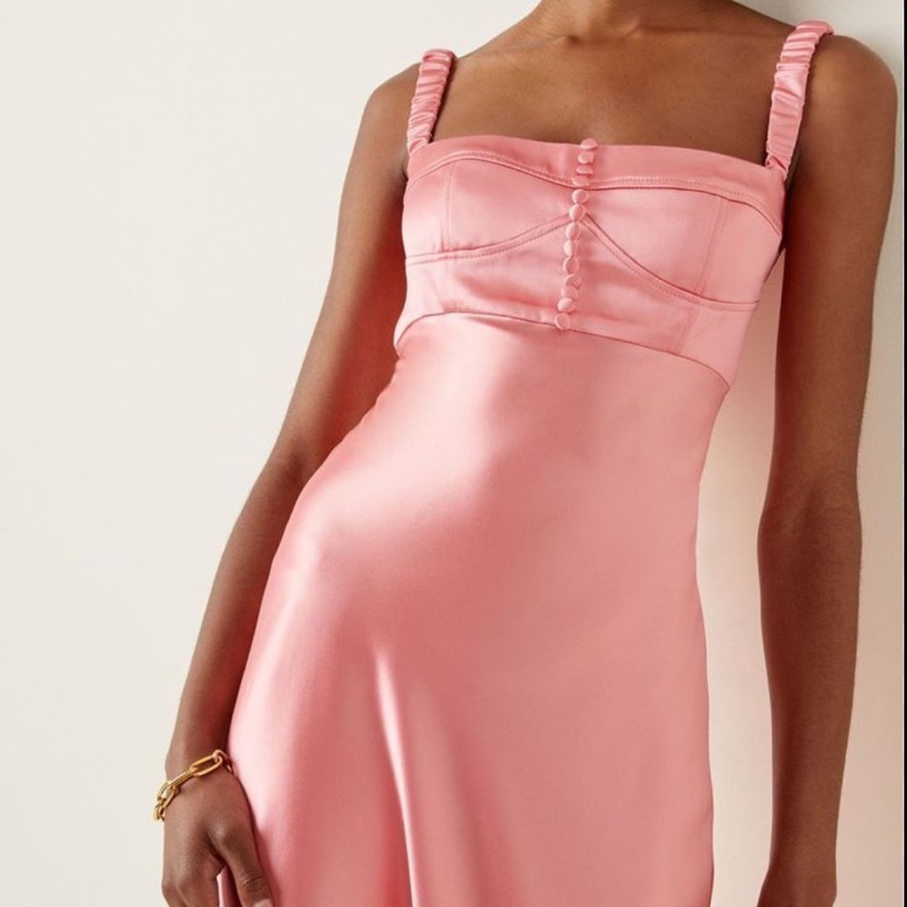 Anna October Angela Satin Buster Midi Dress In Pink - Picture 2 of 7